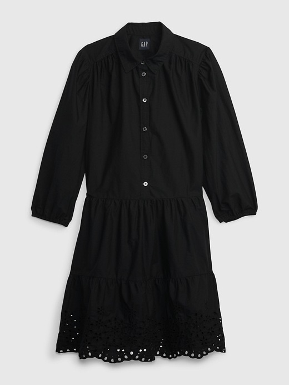 GAP Tiered Mini Shirtdress Black puff sleeve casual cotton Eyelet - Picture 2 of 8